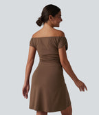 Off-shoulder Removable Strap Built-in Bra 2-in-1 Yoga Active Dress with Pockets-A-D Cups — Soft Silt — view 2