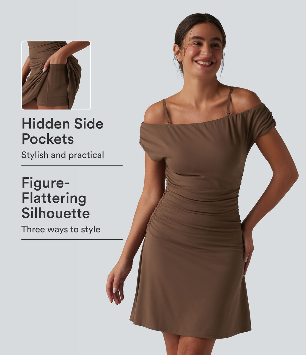 Off-shoulder Removable Strap Built-in Bra 2-in-1 Yoga Active Dress with Pockets-A-D Cups — Soft Silt — view 1