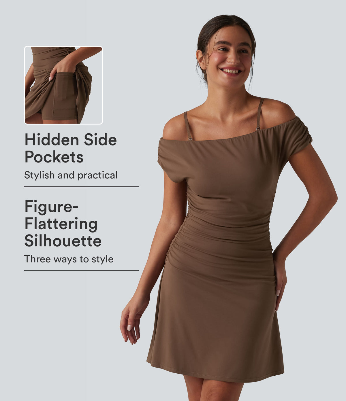 Off-shoulder Removable Strap Built-in Bra 2-in-1 Yoga Active Dress with Pockets-A-D Cups — Soft Silt — view 1