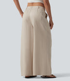 Mid Rise Pleated Lyocell Linen-Blend Casual Baggy Trousers with Pockets — French Oak — view 2
