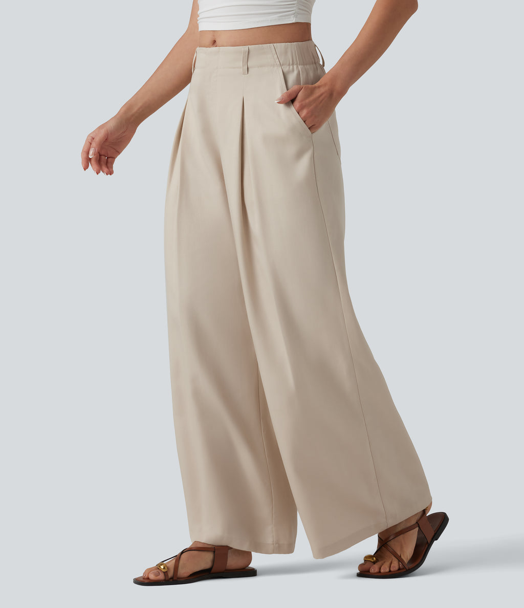 Mid Rise Pleated Lyocell Linen-Blend Casual Baggy Trousers with Pockets — French Oak — view 3