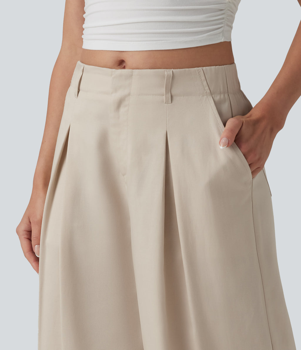 Mid Rise Pleated Lyocell Linen-Blend Casual Baggy Trousers with Pockets — French Oak — view 4