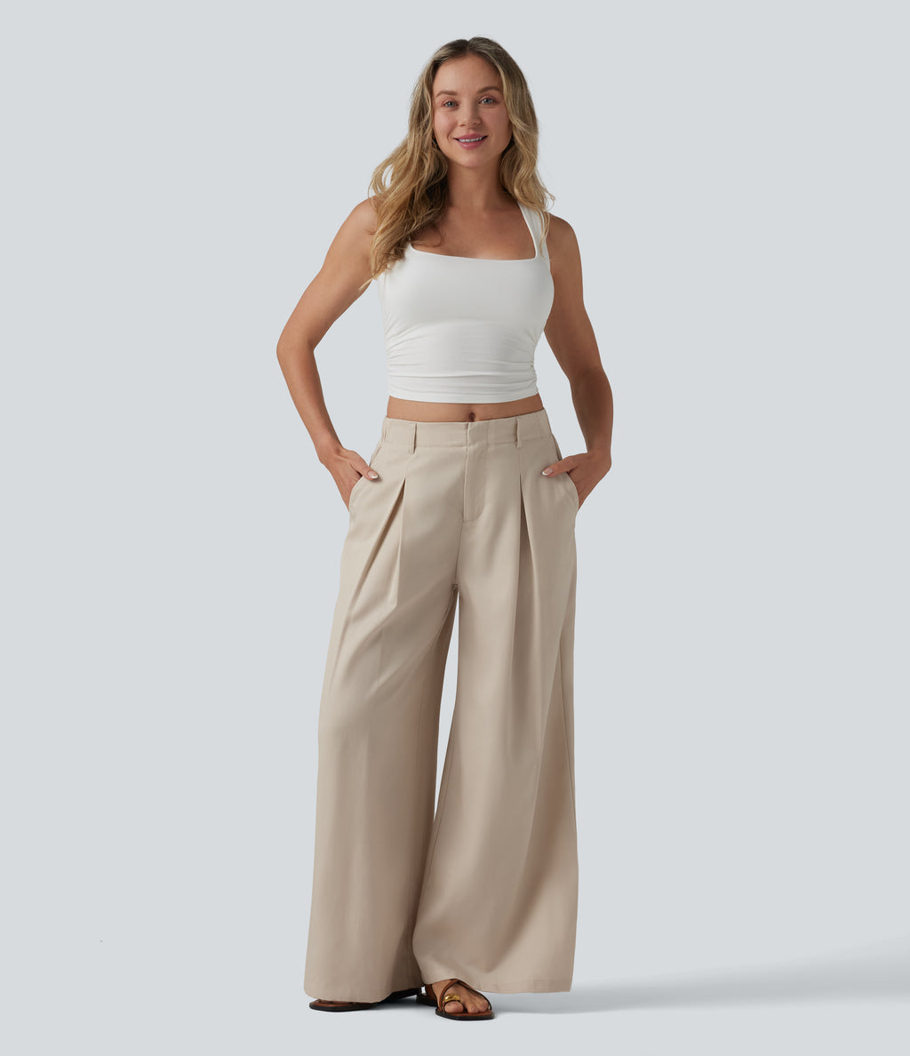 Mid Rise Pleated Lyocell Linen-Blend Casual Baggy Trousers with Pockets — French Oak — view 6