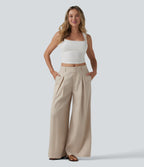 Mid Rise Pleated Lyocell Linen-Blend Casual Baggy Trousers with Pockets — French Oak — view 6