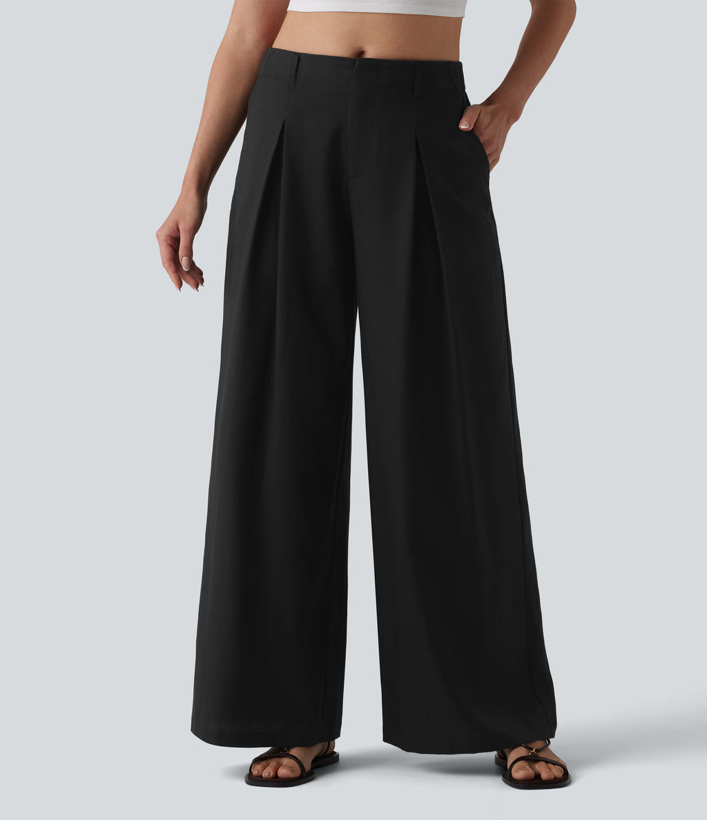 Mid Rise Pleated Lyocell Linen-Blend Casual Baggy Trousers with Pockets — Black — view 8