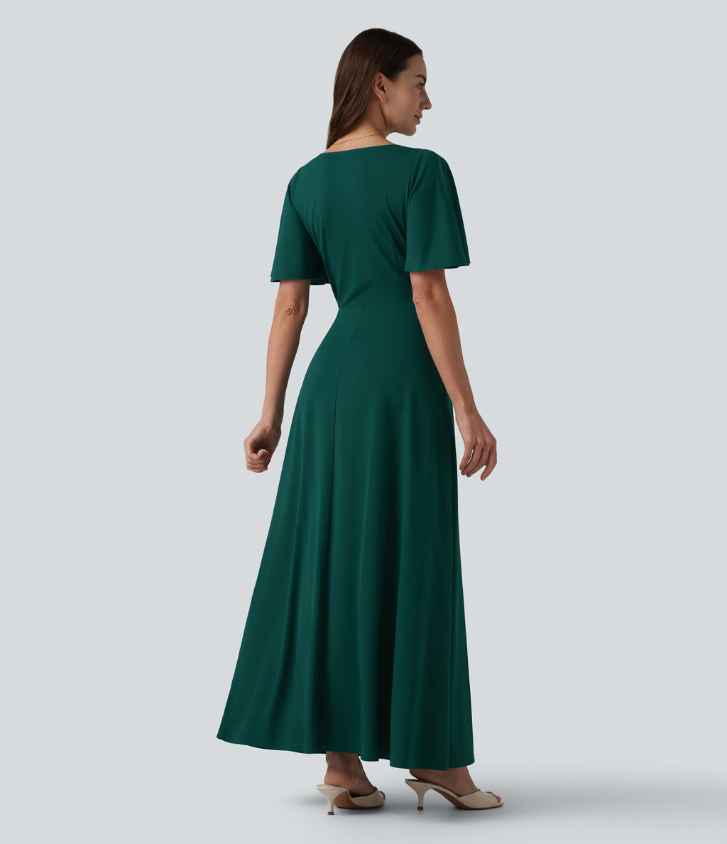 Deep V-neck Flounce Sleeve Split Built-in Bra Maxi Flowy Bridesmaid and Wedding Guest Dress with Pockets — Rain Forest — view 2