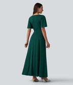 Deep V-neck Flounce Sleeve Split Built-in Bra Maxi Flowy Bridesmaid and Wedding Guest Dress with Pockets — Rain Forest — view 2