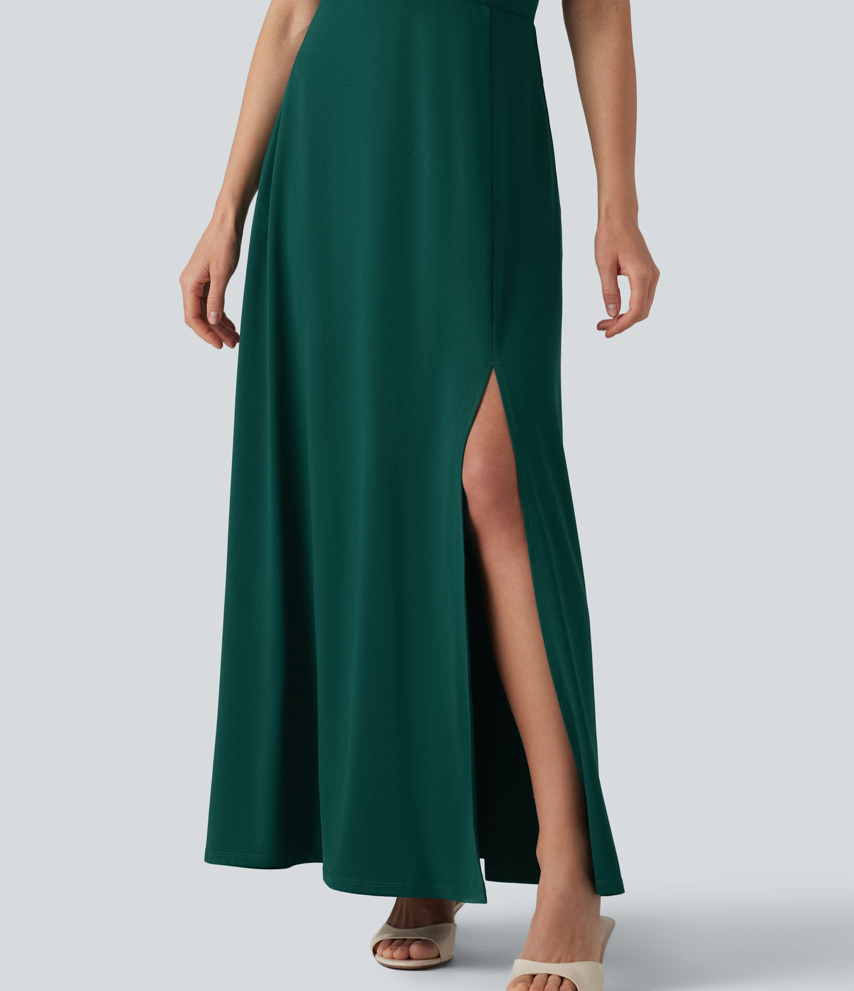 Deep V-neck Flounce Sleeve Split Built-in Bra Maxi Flowy Bridesmaid and Wedding Guest Dress with Pockets — Rain Forest — view 5