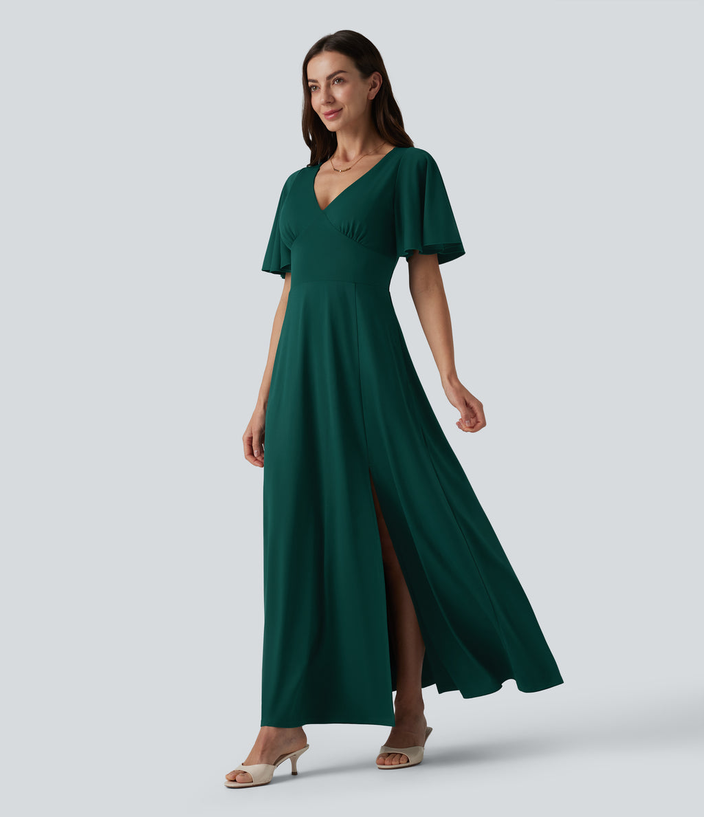 Deep V-neck Flounce Sleeve Split Built-in Bra Maxi Flowy Bridesmaid and Wedding Guest Dress with Pockets — Rain Forest — view 1