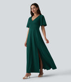 Deep V-neck Flounce Sleeve Split Built-in Bra Maxi Flowy Bridesmaid and Wedding Guest Dress with Pockets — Rain Forest — view 1
