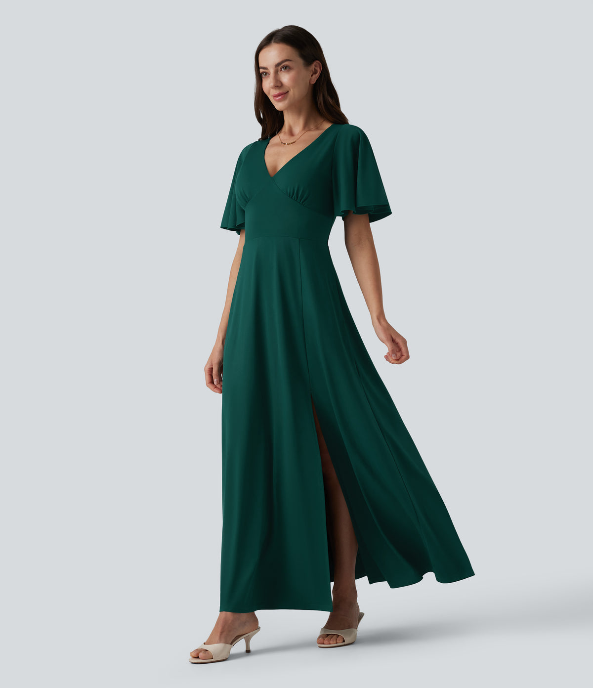 Deep V-neck Flounce Sleeve Split Built-in Bra Maxi Flowy Bridesmaid and Wedding Guest Dress with Pockets — Rain Forest — view 1