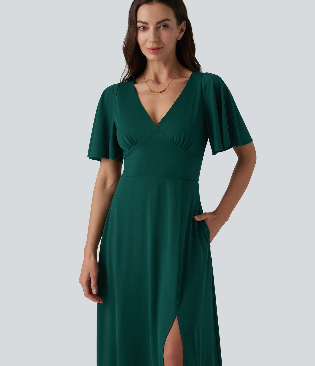 Deep V-neck Flounce Sleeve Split Built-in Bra Maxi Flowy Bridesmaid and Wedding Guest Dress with Pockets — Rain Forest — view 4