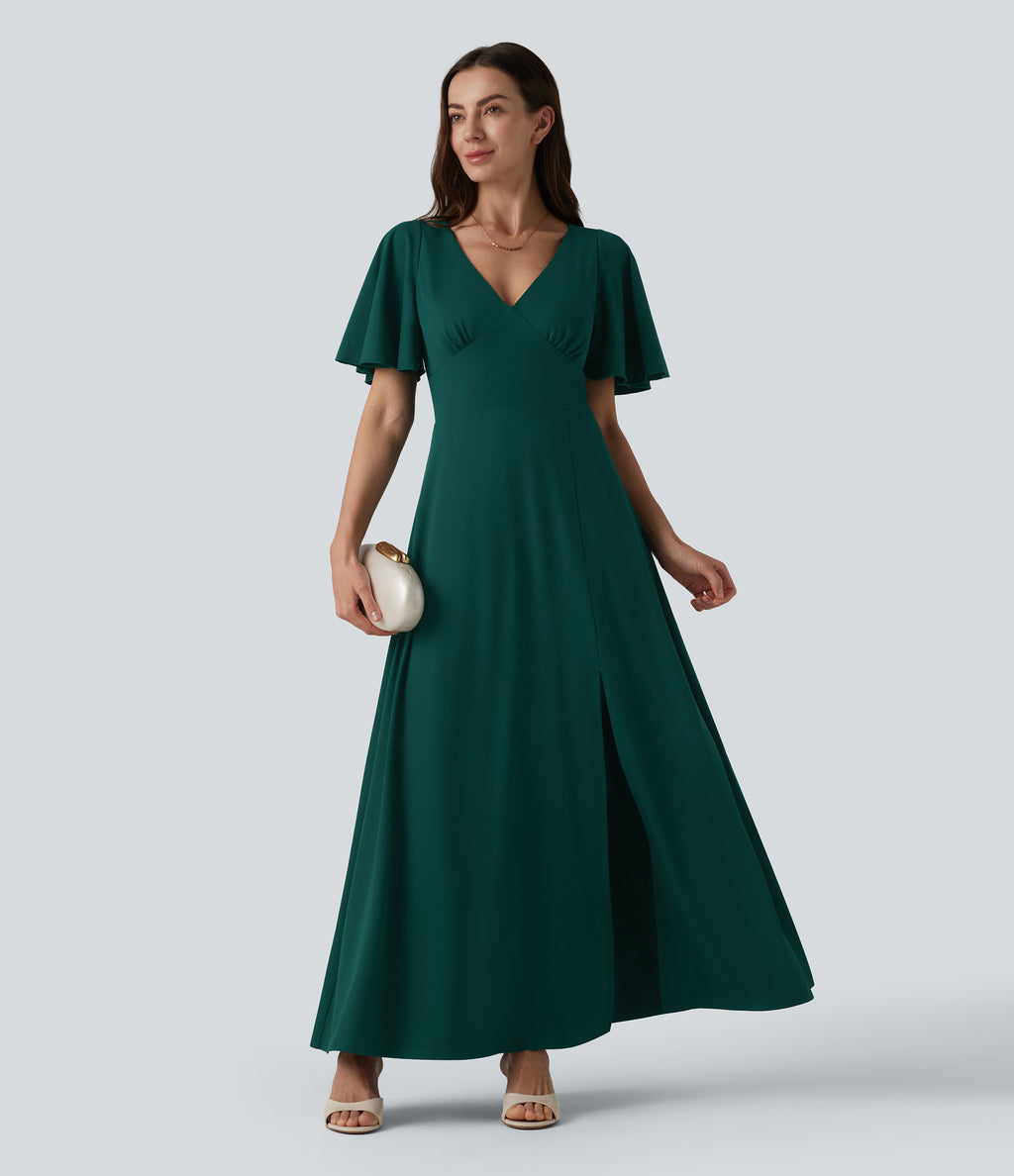 Deep V-neck Flounce Sleeve Split Built-in Bra Maxi Flowy Bridesmaid and Wedding Guest Dress with Pockets — Rain Forest — view 6