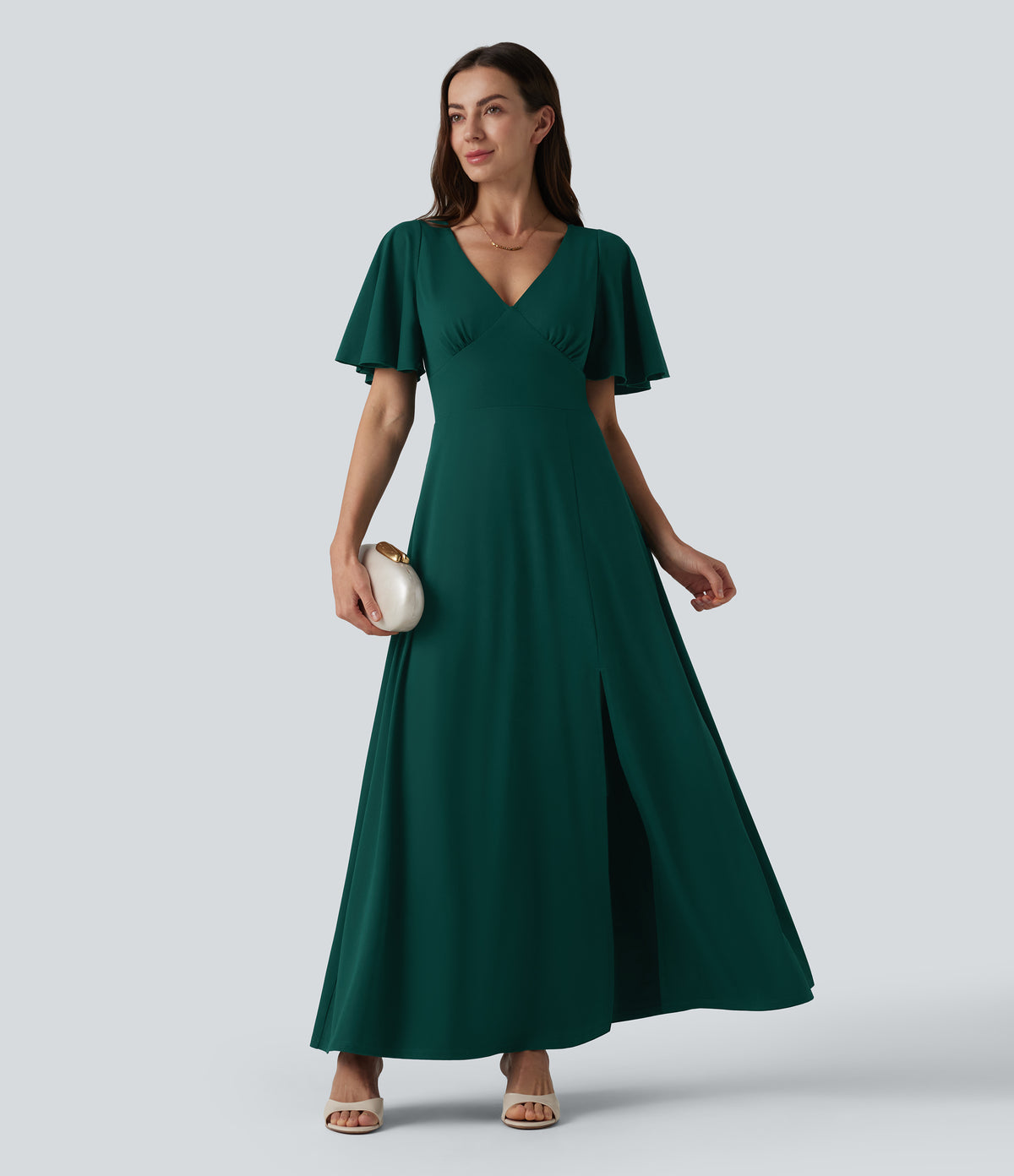 Deep V-neck Flounce Sleeve Split Built-in Bra Maxi Flowy Bridesmaid and Wedding Guest Dress with Pockets — Rain Forest — view 6
