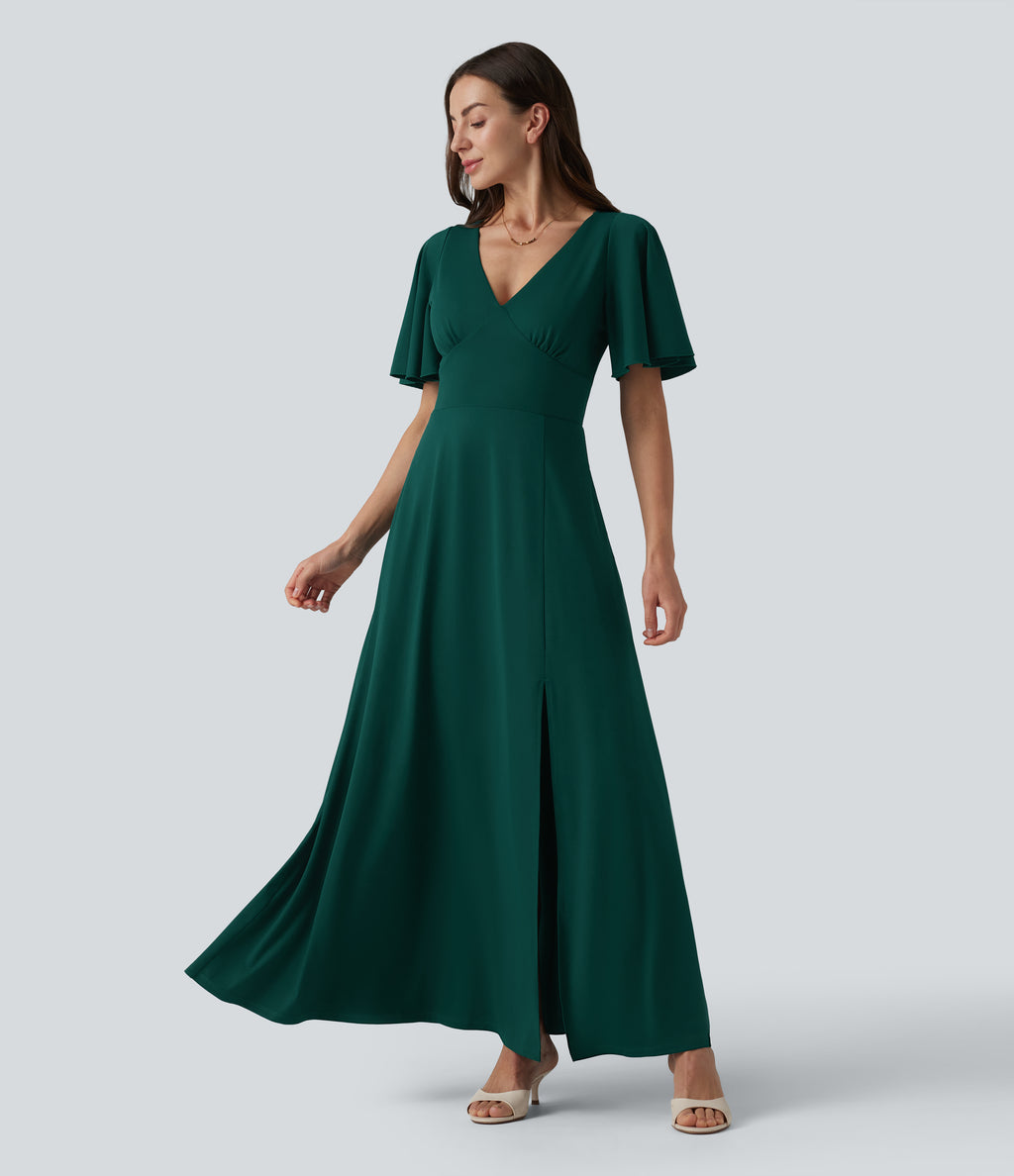 Deep V-neck Flounce Sleeve Split Built-in Bra Maxi Flowy Bridesmaid and Wedding Guest Dress with Pockets — Rain Forest — view 3