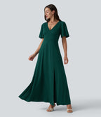 Deep V-neck Flounce Sleeve Split Built-in Bra Maxi Flowy Bridesmaid and Wedding Guest Dress with Pockets — Rain Forest — view 3