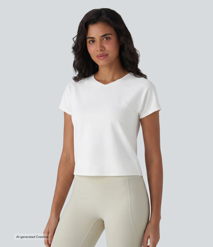 V-neck Raglan Short Sleeve Relaxed Yoga Cotton Sports Top — White — view 1