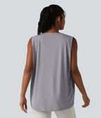 Hooded Cowl Neck Sleeveless Yoga Sports Top with Pockets — Mist Grey — view 2