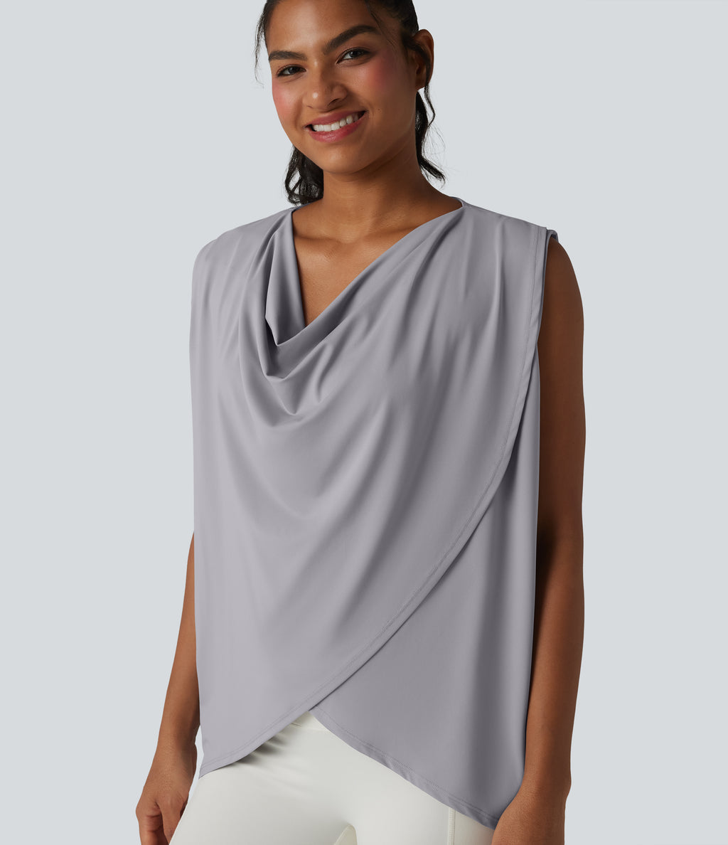 Hooded Cowl Neck Sleeveless Yoga Sports Top with Pockets — Mist Grey — view 4