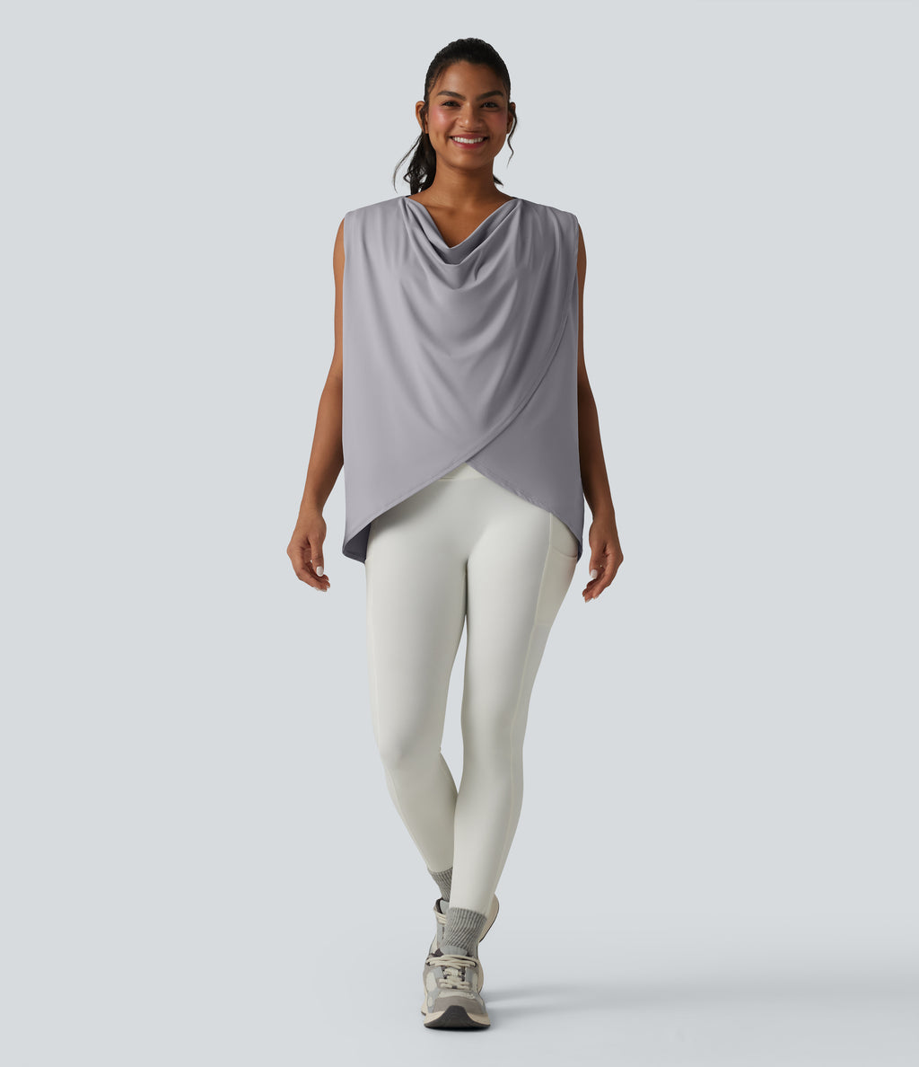 Hooded Cowl Neck Sleeveless Yoga Sports Top with Pockets — Mist Grey — view 6