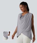 Hooded Cowl Neck Sleeveless Yoga Sports Top with Pockets — Mist Grey — view 1