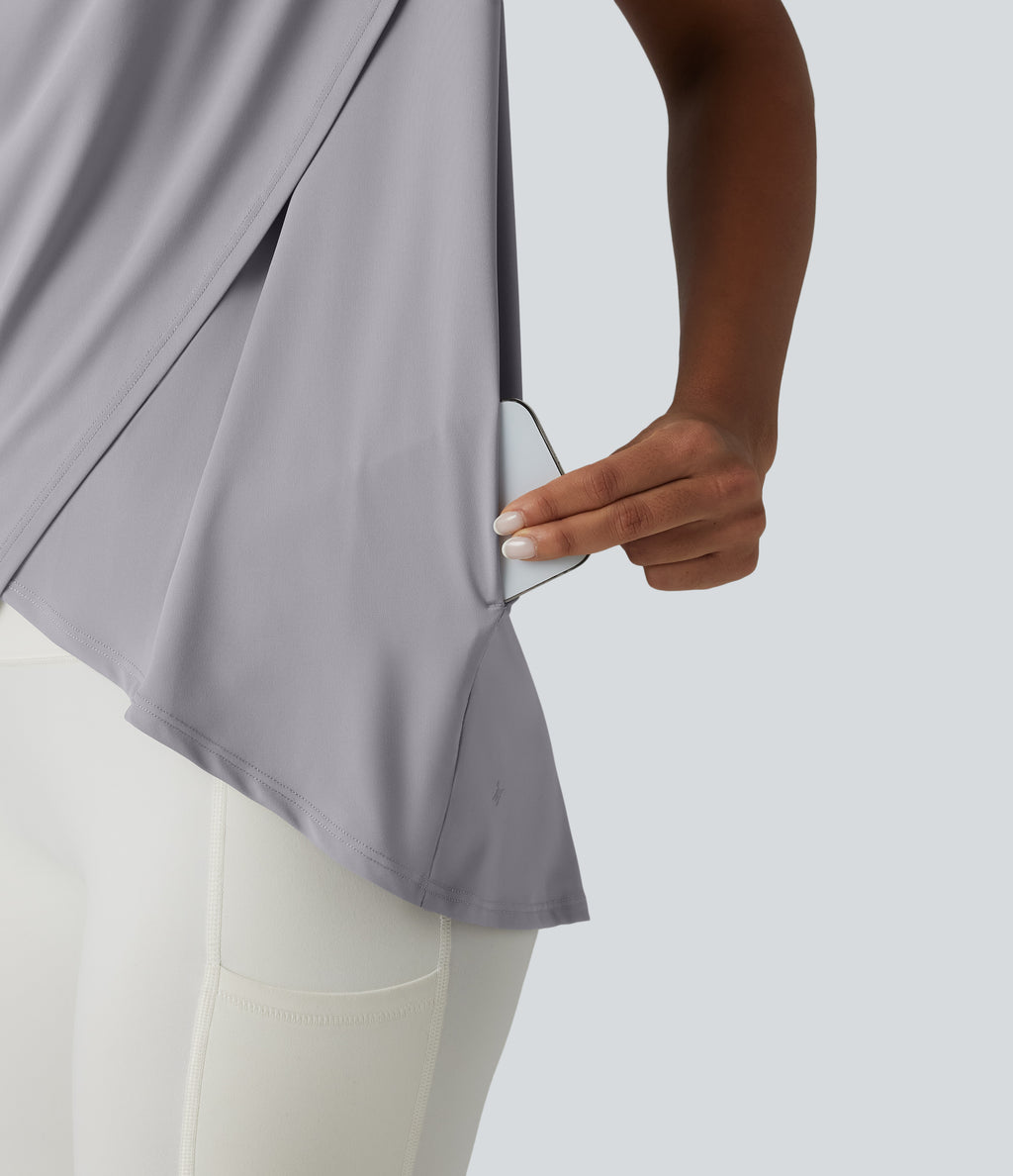 Hooded Cowl Neck Sleeveless Yoga Sports Top with Pockets — Mist Grey — view 5
