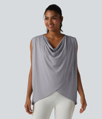 Hooded Cowl Neck Sleeveless Yoga Sports Top with Pockets — Mist Grey — view 3
