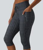Check Plaid Print High Waisted Drawstring Yoga Pedal Pushers Leggings with Pockets — Storm Gray Check Plaid — view 4