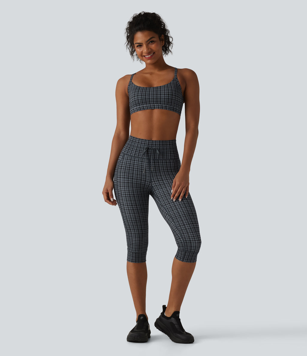 Check Plaid Print High Waisted Drawstring Yoga Pedal Pushers Leggings with Pockets — Storm Gray Check Plaid — view 7