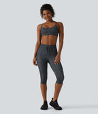 Check Plaid Print High Waisted Drawstring Yoga Pedal Pushers Leggings with Pockets — Storm Gray Check Plaid — view 7