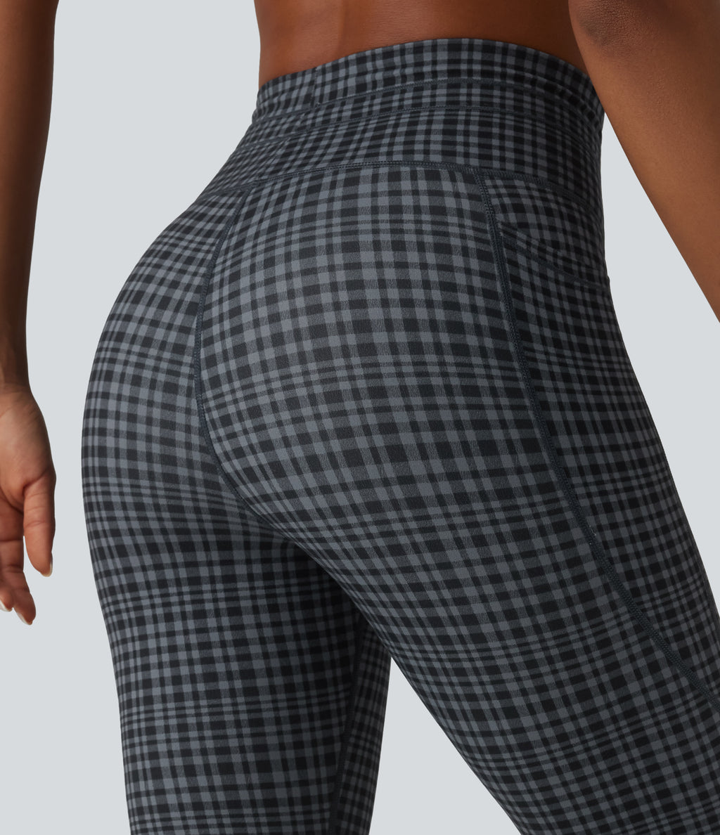 Check Plaid Print High Waisted Drawstring Yoga Pedal Pushers Leggings with Pockets — Storm Gray Check Plaid — view 5