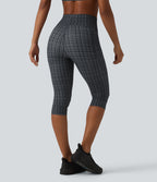 Check Plaid Print High Waisted Drawstring Yoga Pedal Pushers Leggings with Pockets — Storm Gray Check Plaid — view 2