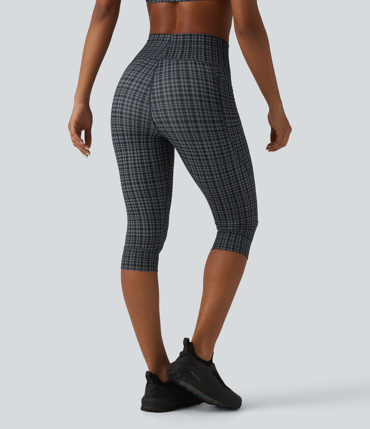 Check Plaid Print High Waisted Drawstring Yoga Pedal Pushers Leggings with Pockets — Storm Gray Check Plaid — view 2