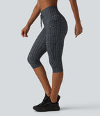 Check Plaid Print High Waisted Drawstring Yoga Pedal Pushers Leggings with Pockets — Storm Gray Check Plaid — view 1