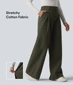 High Waisted Baggy Work Chino Cotton Trousers with Pockets — Forest Night — view 1