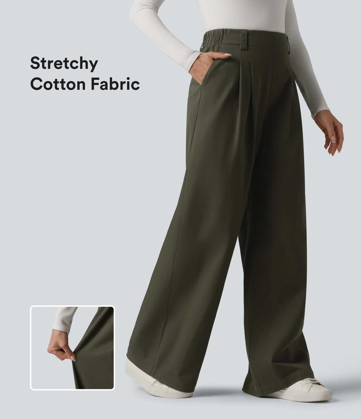 High Waisted Baggy Work Chino Cotton Trousers with Pockets — Forest Night — view 1