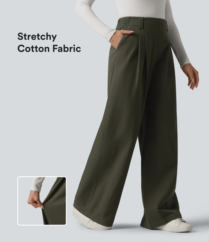 High Waisted Baggy Work Chino Cotton Trousers with Pockets — Forest Night — view 1