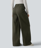 High Waisted Baggy Work Chino Cotton Trousers with Pockets — Forest Night — view 2