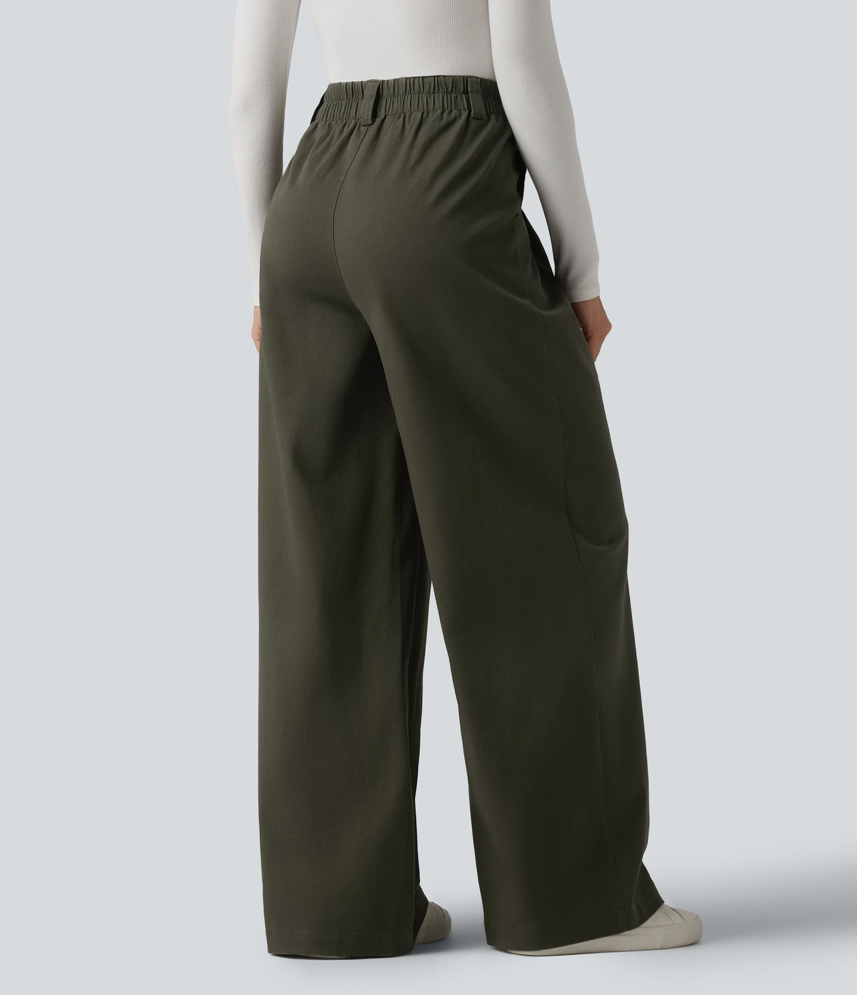 High Waisted Baggy Work Chino Cotton Trousers with Pockets — Forest Night — view 2