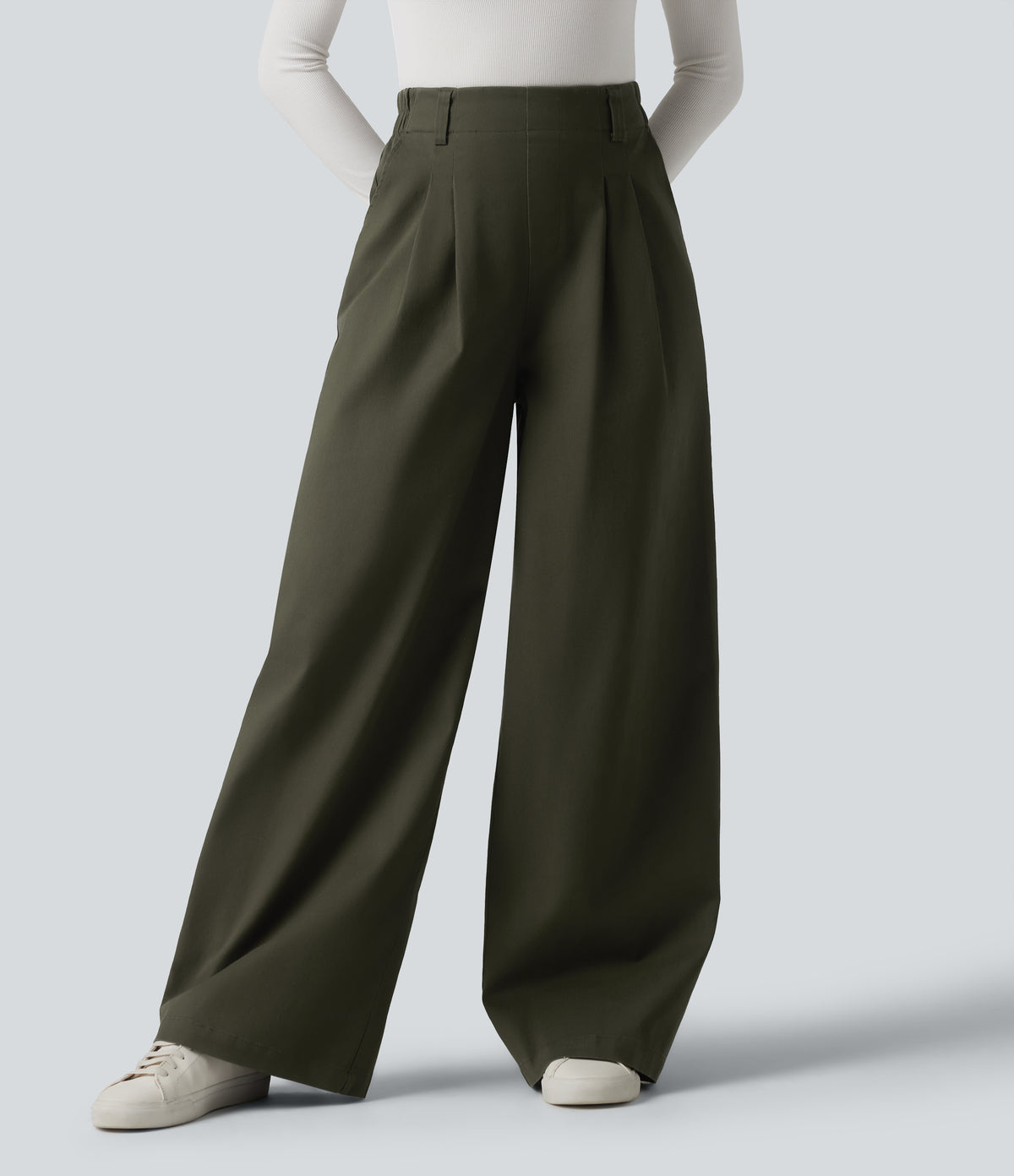 High Waisted Baggy Work Chino Cotton Trousers with Pockets — Forest Night — view 3