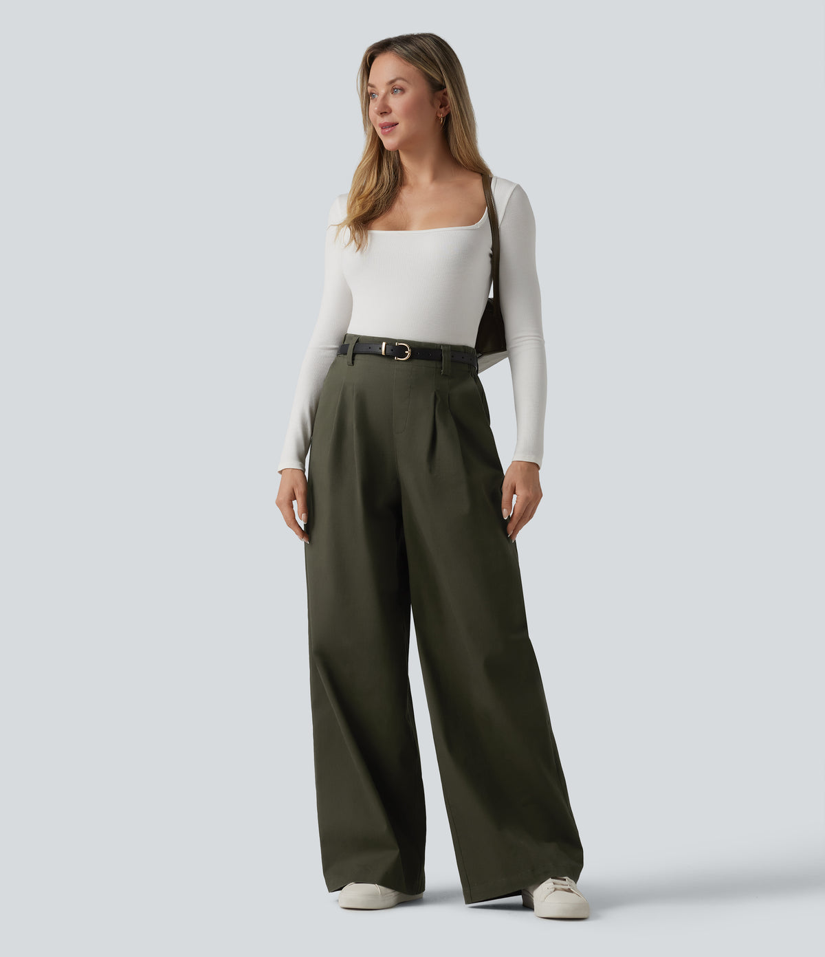 High Waisted Baggy Work Chino Cotton Trousers with Pockets — Forest Night — view 6