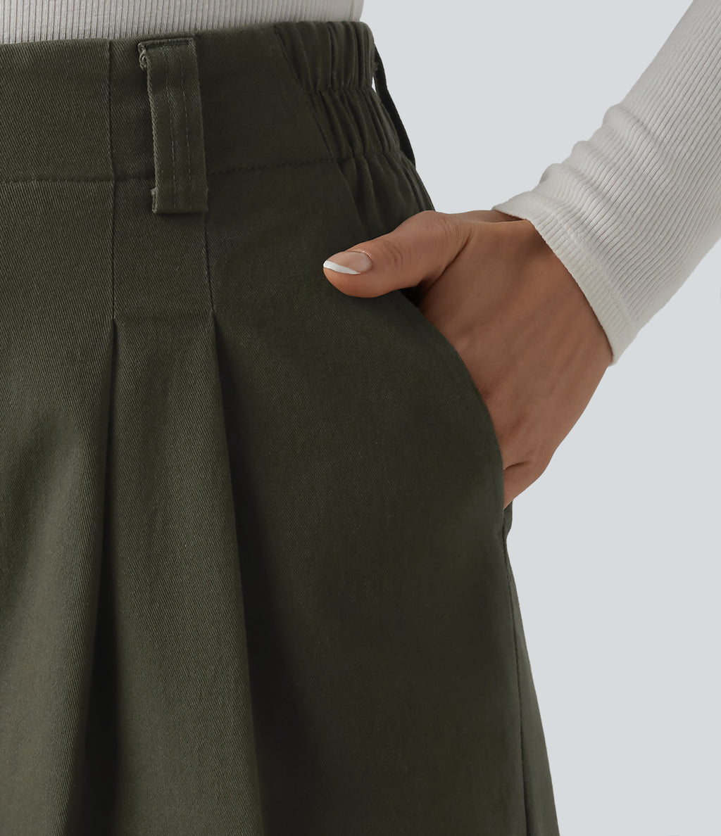 High Waisted Baggy Work Chino Cotton Trousers with Pockets — Forest Night — view 4