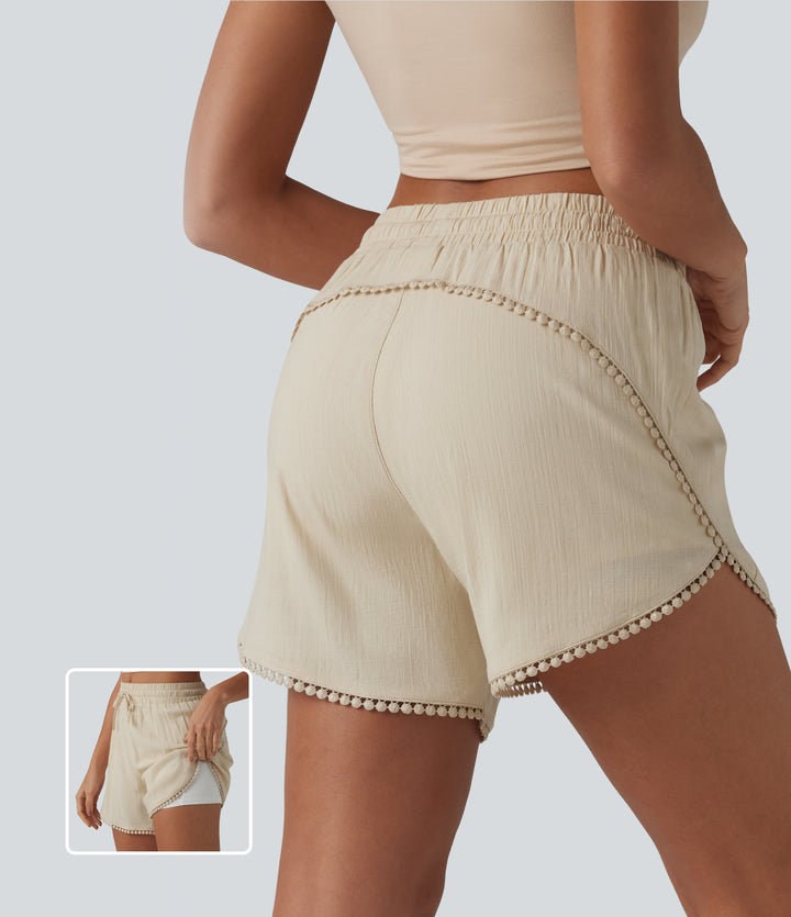 Mid Rise Drawstring Contrast Fringe Curved Hem 2-in-1 Casual Shorts — Summer Sand — view 1