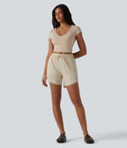 Mid Rise Drawstring Contrast Fringe Curved Hem 2-in-1 Casual Shorts — Summer Sand — view 8