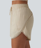 Mid Rise Drawstring Contrast Fringe Curved Hem 2-in-1 Casual Shorts — Summer Sand — view 6
