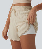 Mid Rise Drawstring Contrast Fringe Curved Hem 2-in-1 Casual Shorts — Summer Sand — view 4