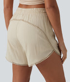 Mid Rise Drawstring Contrast Fringe Curved Hem 2-in-1 Casual Shorts — Summer Sand — view 7