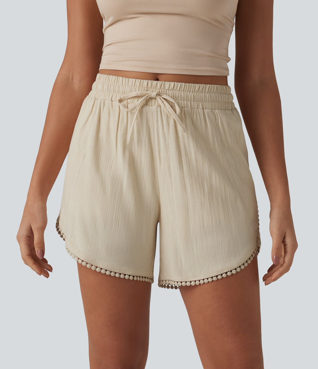 Mid Rise Drawstring Contrast Fringe Curved Hem 2-in-1 Casual Shorts — Summer Sand — view 2