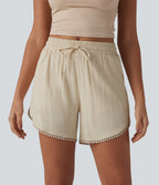 Mid Rise Drawstring Contrast Fringe Curved Hem 2-in-1 Casual Shorts — Summer Sand — view 2