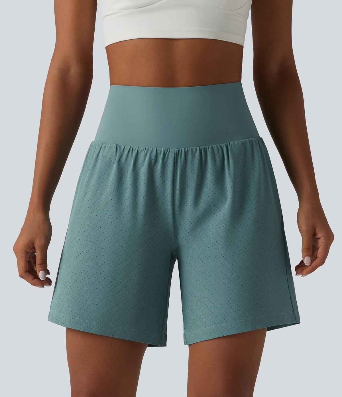 Super High Waisted Tummy Control 2-in-1 Quick Dry Yoga Shorts 7'' with Pockets — Stone Blue — view 4
